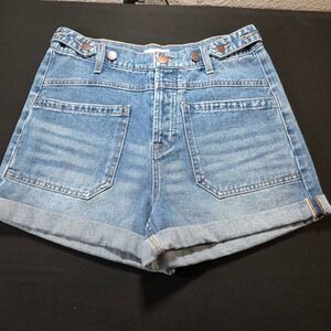MNK Women Utility Denim Shorts High Rise Button Fly Blue Medium Wash Size 8 NWT